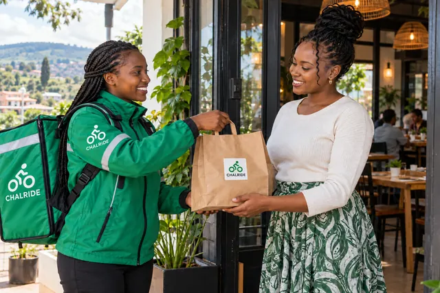 AI-generated illustration of a Kenyan food delivery rider handing a takeaway bag to a customer
