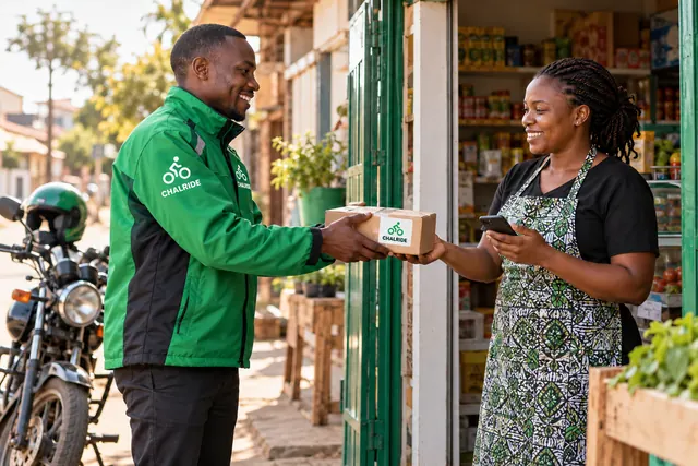 AI-generated illustration of a Kenyan delivery rider handing a parcel to a shop owner