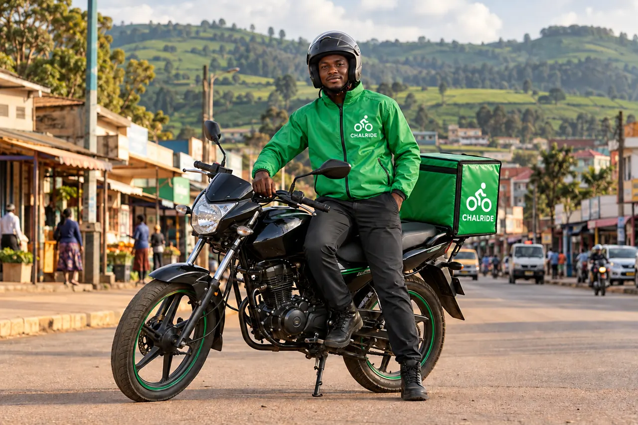 AI-generated illustration of a Kenyan delivery rider beside a motorcycle in a local town